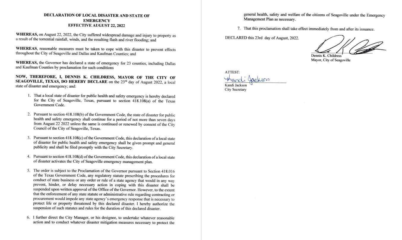 Declaration of Disaster August 2022