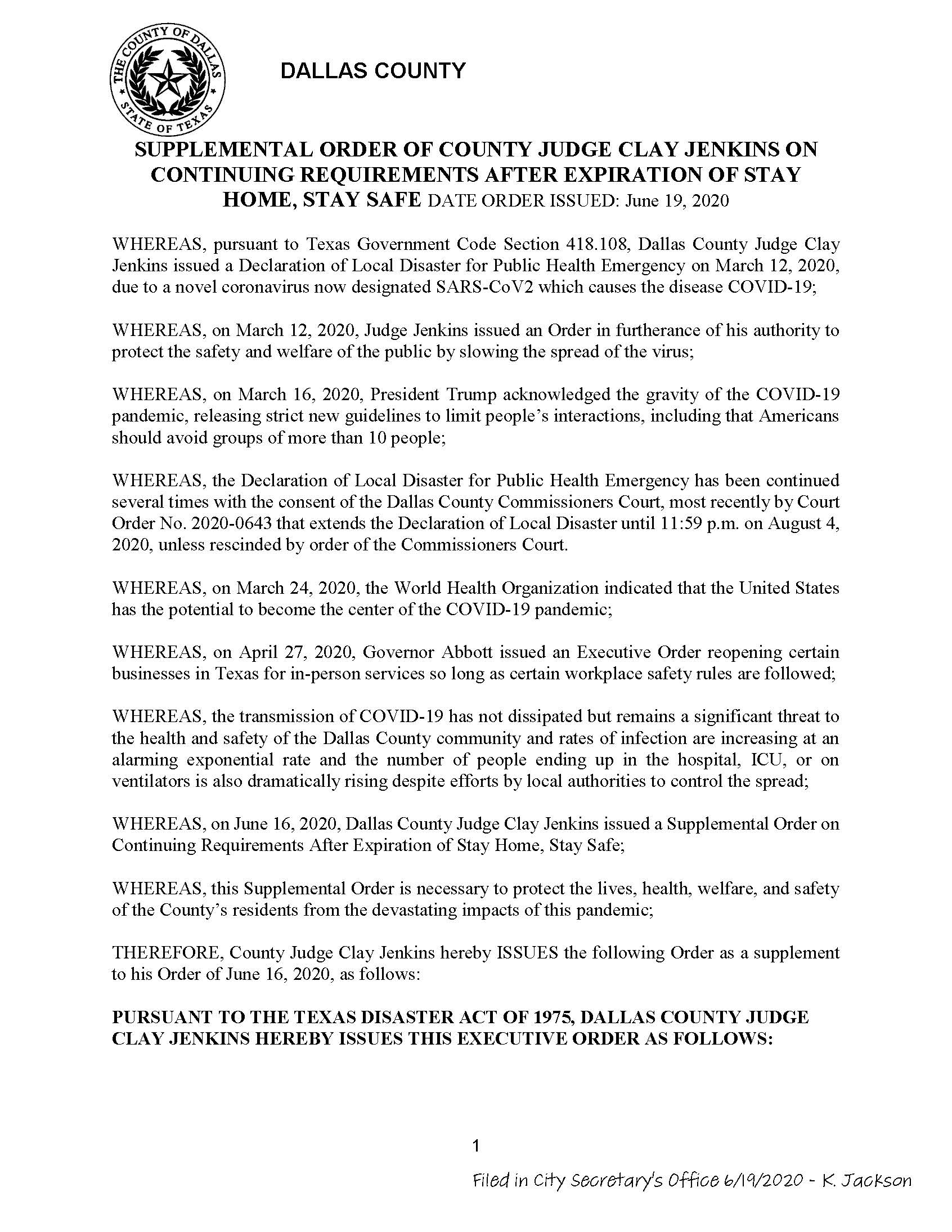 06-19-2020  Dallas County Supplemental Order on Continuing Requirements after Expiration of Stay At 