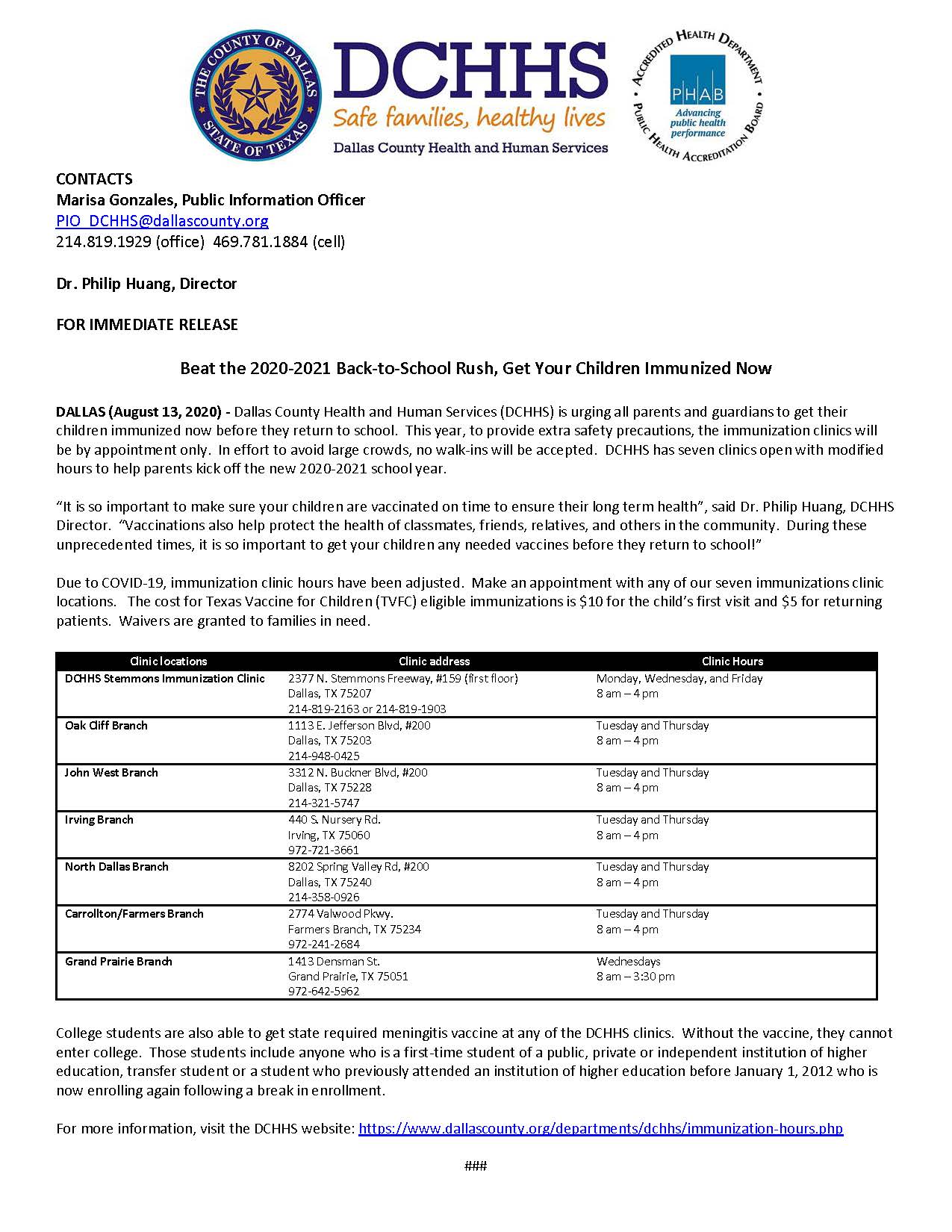 081320 Back to School Immunization Press Release - Dallas county